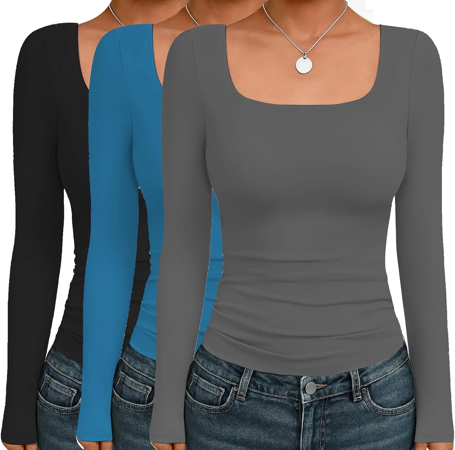 Ekouaer Womens 3 Pack Long Sleeve Shirts Square Neck Basic Tops Fitted Tee Thermal Undershirts XS-XXL