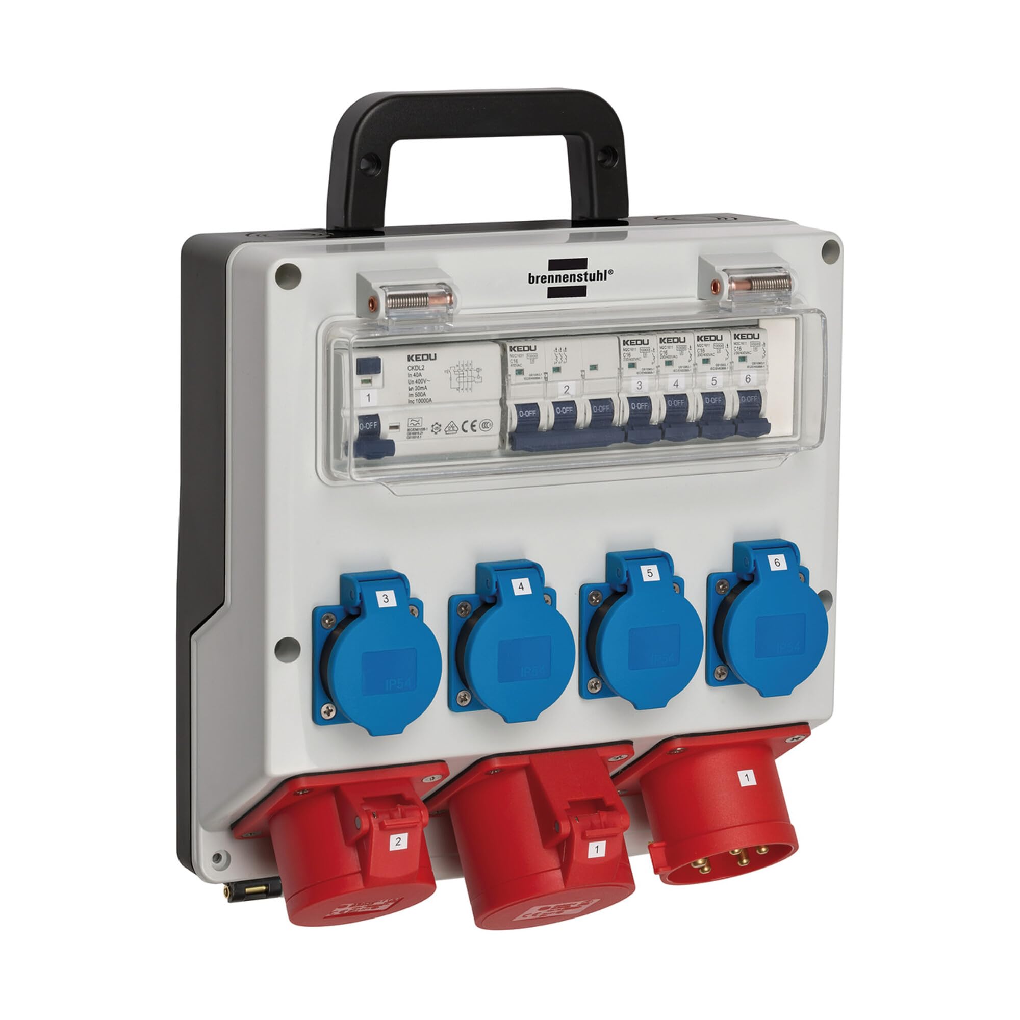 Brennenstuhl Distributore da parete IP44 (distributore di corrente per fissaggio a parete 32 A, con interruttore di protezione personale FI 30 mA), 4/32 IP44, grigio chiaro/nero