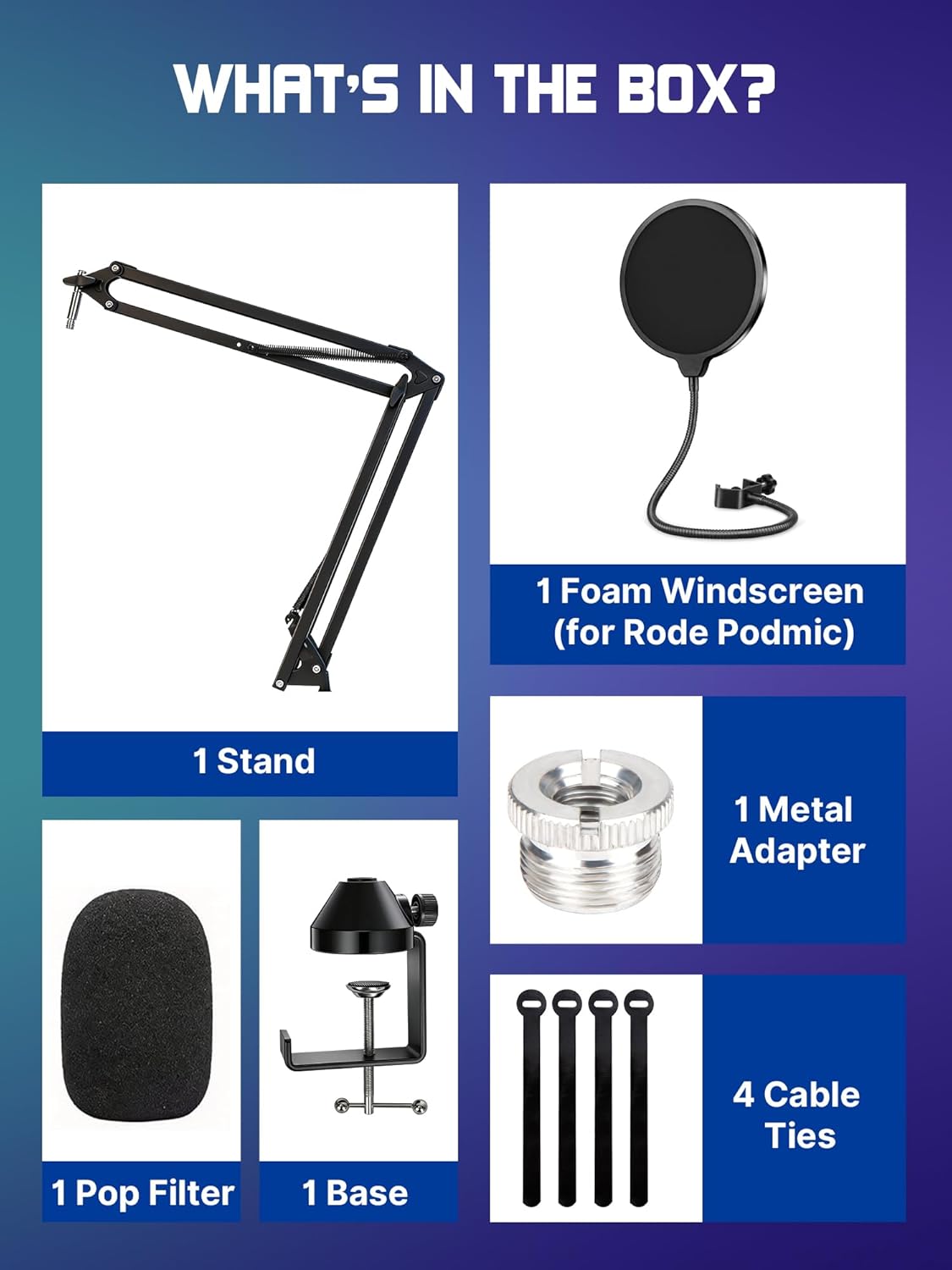Heavy Duty Mic Boom Arm for Rode Podmic, Professional Microphone Stand with 3/8" to 5/8" Adapter for Shure SM7B, Blue Yeti, HyperX QuadCast, Fifine AM8, Pop Filter and Custom Foam Cover Kit