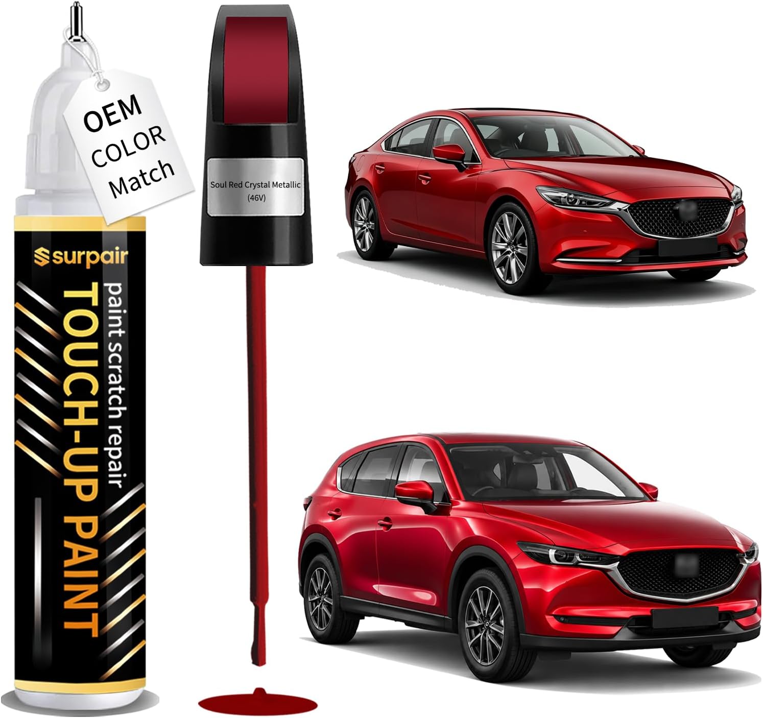 Soul Red Crystal Metallic 46V Touch up Paint for Mazda OEM Color Match Car Scratch Repair Kit for Nicks & Chips Scratches Quick & Easy Paint Fix 2-In-1 Car Scratch Remover Pen