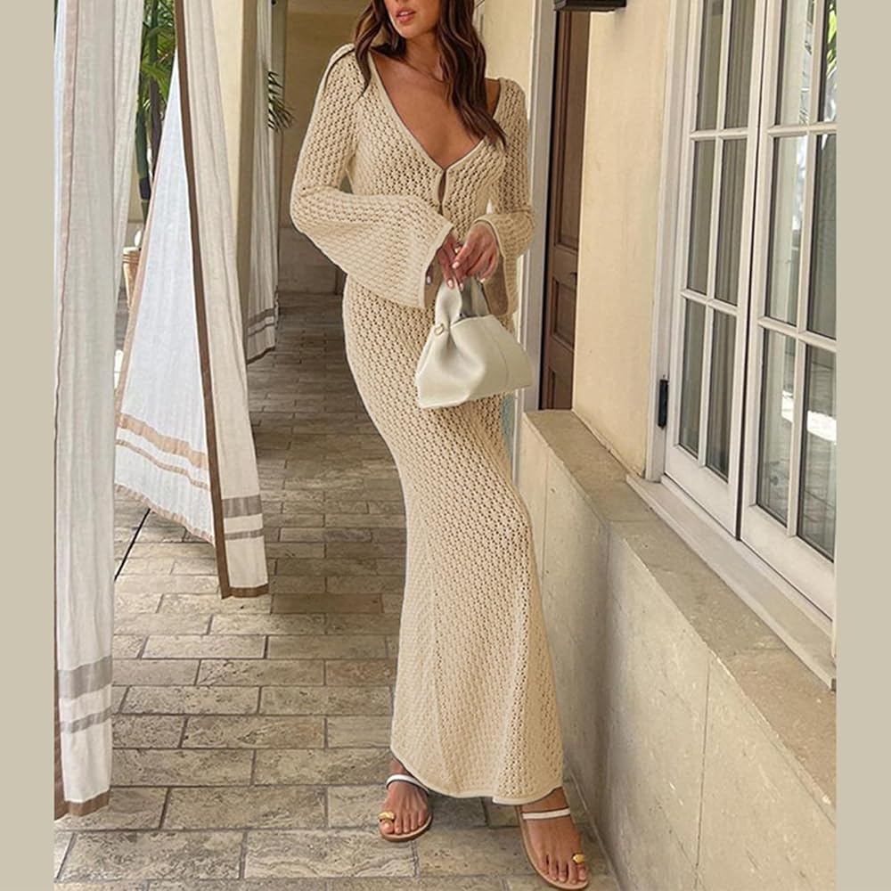 Amazon.com: Women Long Sexy Knit Dress in Solid Color Hollow-Out Amazon.com: Women Long Sexy Knit Dress in Solid Color Hollow-Out