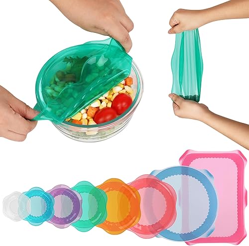Miniatura 13 de Tapas elásticas de silicona para almacenamiento de alimentos en el refrigerador, fundas elásticas reutilizables para tazas, latas, tarros, 6 piezas