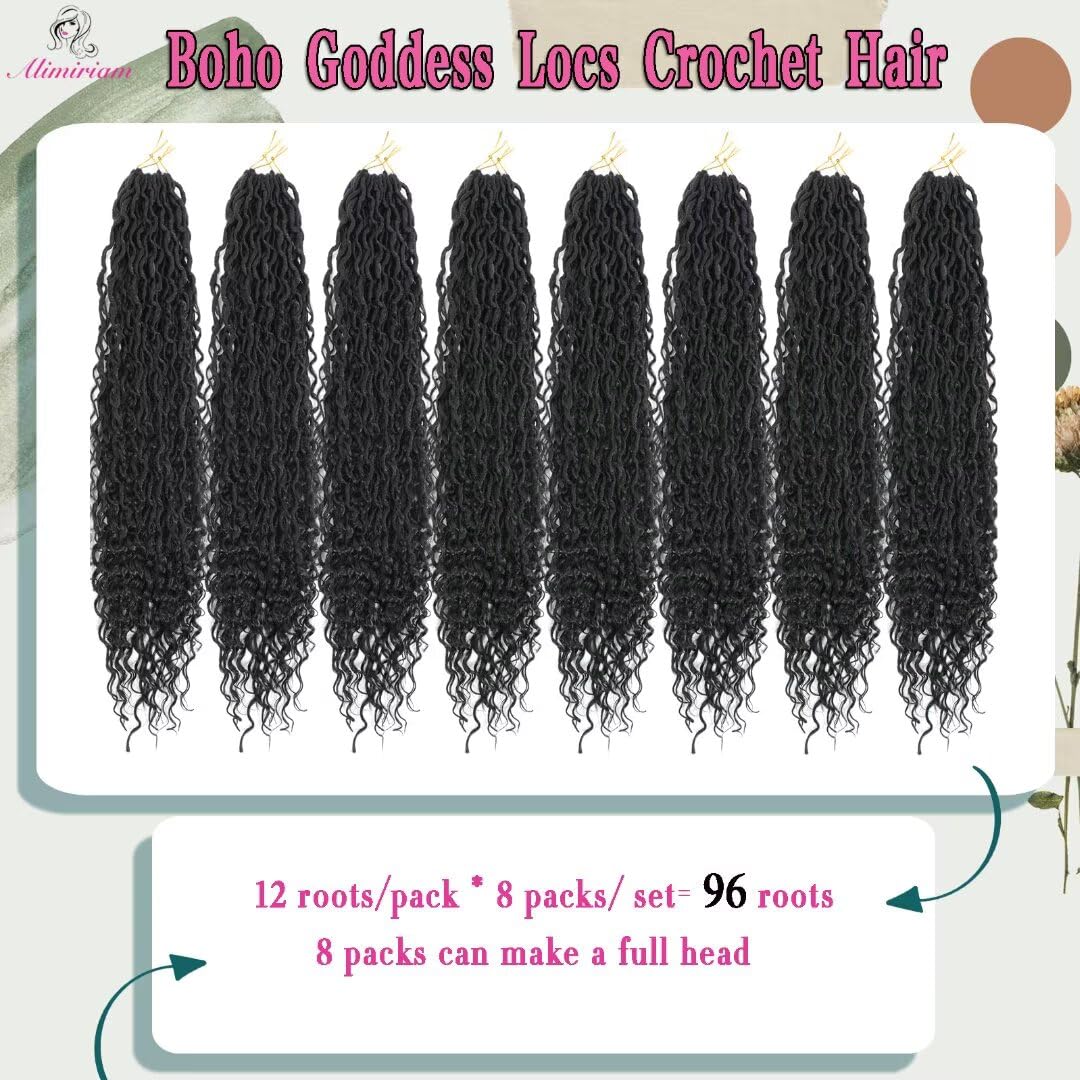 8 Packs River Faux Locs Crochet Hair 18inch New Goddess Locs Crochet Hair Boho Faux Locs Wavy Crochet Curly Hair with Curly Ends Synthetic Hair Extensions (18" 8Packs 1B#)