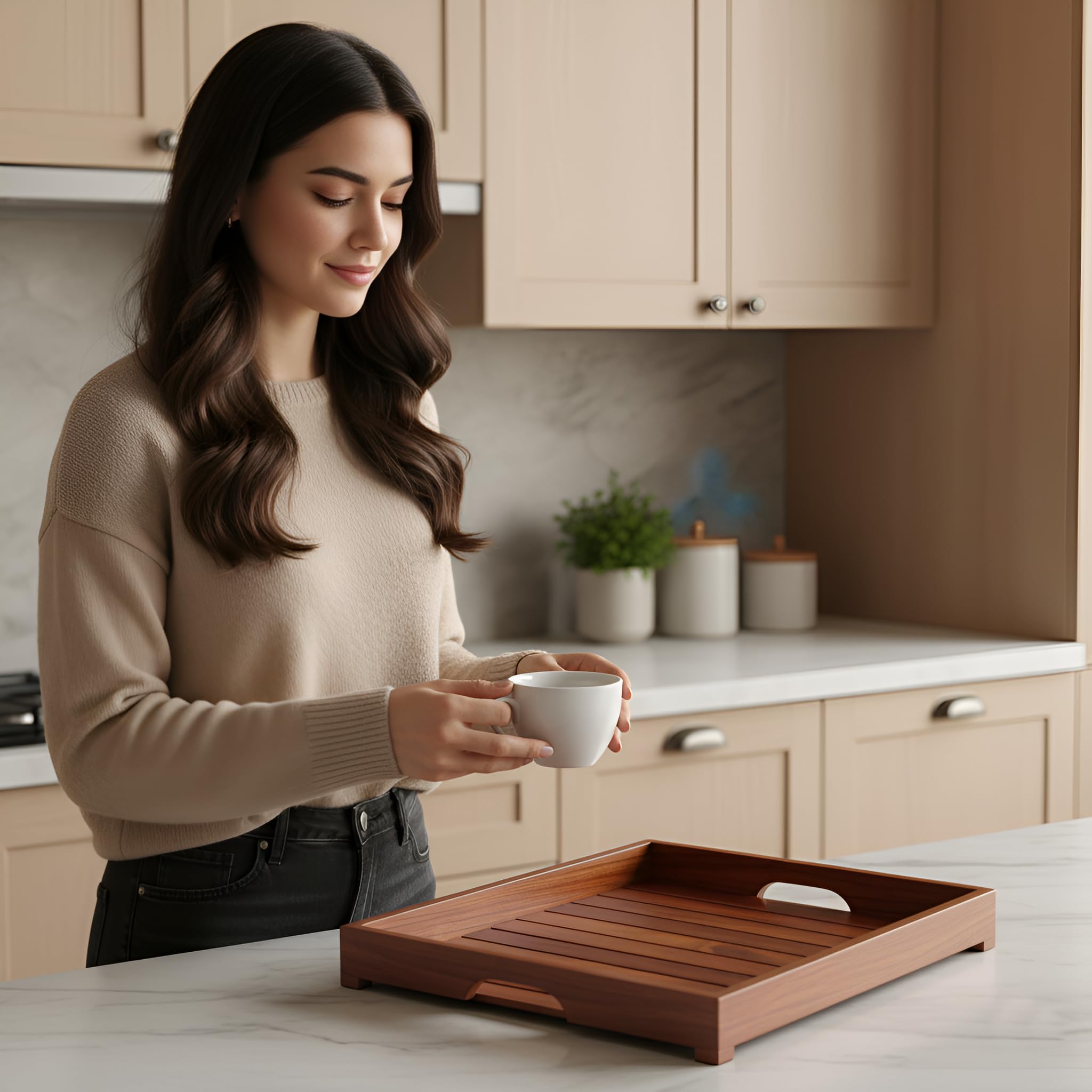 Sheesham Vassoio da portata in legno per tavolo da pranzo rettangolare vassoio per colazione caffè vassoio da portata decorazione da tavolo, regali, confezione da 1 vassoio grande