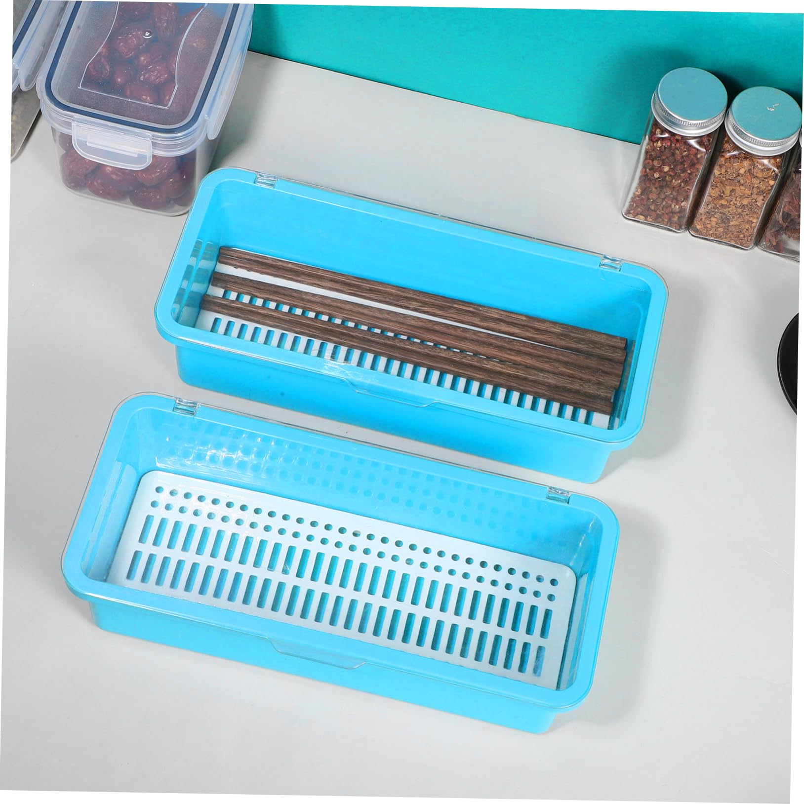 Alipis 2 Series Caja Organizadora para Cubiertos con Tapa Bandejas Plásticas con Drenaje Reutilizables Almacenamiento para Utensilios De Cocina De Azul para Encimeras 2 Piezas*2