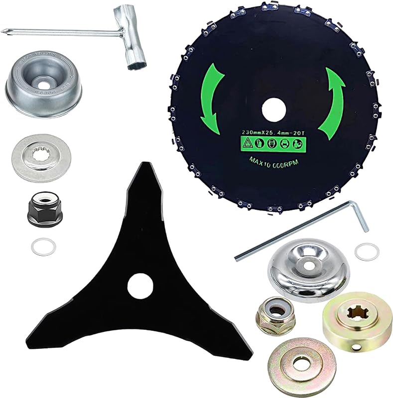 Brush Cutter Blade Kit, 9" 20T Chainsaw Tooth Blade and 10 Inch 3-Teeth Carbon Steel Blade with Adapter, Compatible with Stihl Husqvarna Ego Oregon Hitachi Trimmer (2 PCS with Accessories
