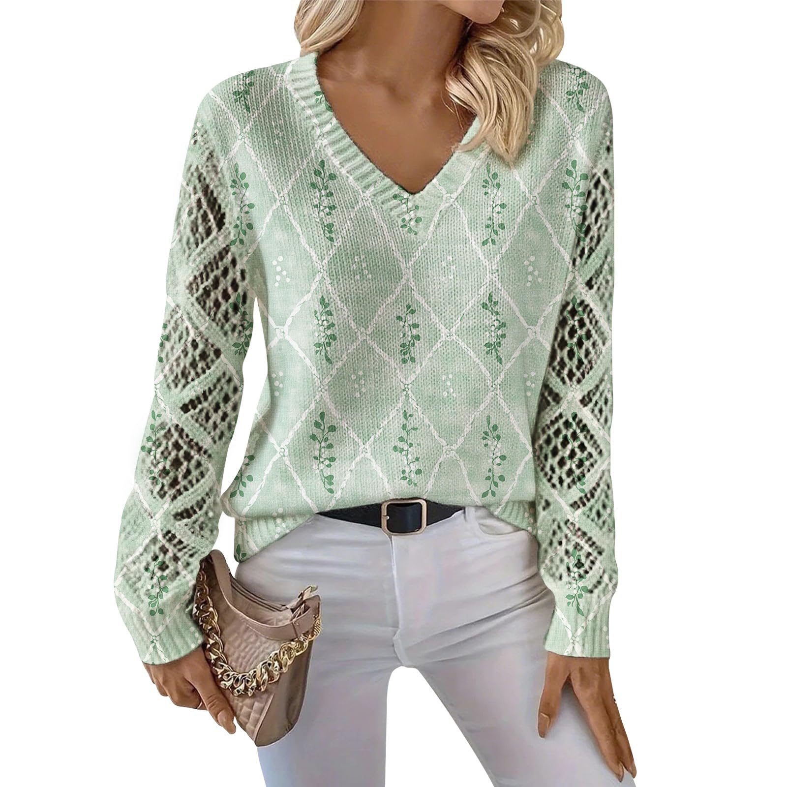 Boho Floral Print Crochet Sweaters for Women Long Sleeve V Neck Pullover Sweaters Casual Fashion Fall Knit Sweater
