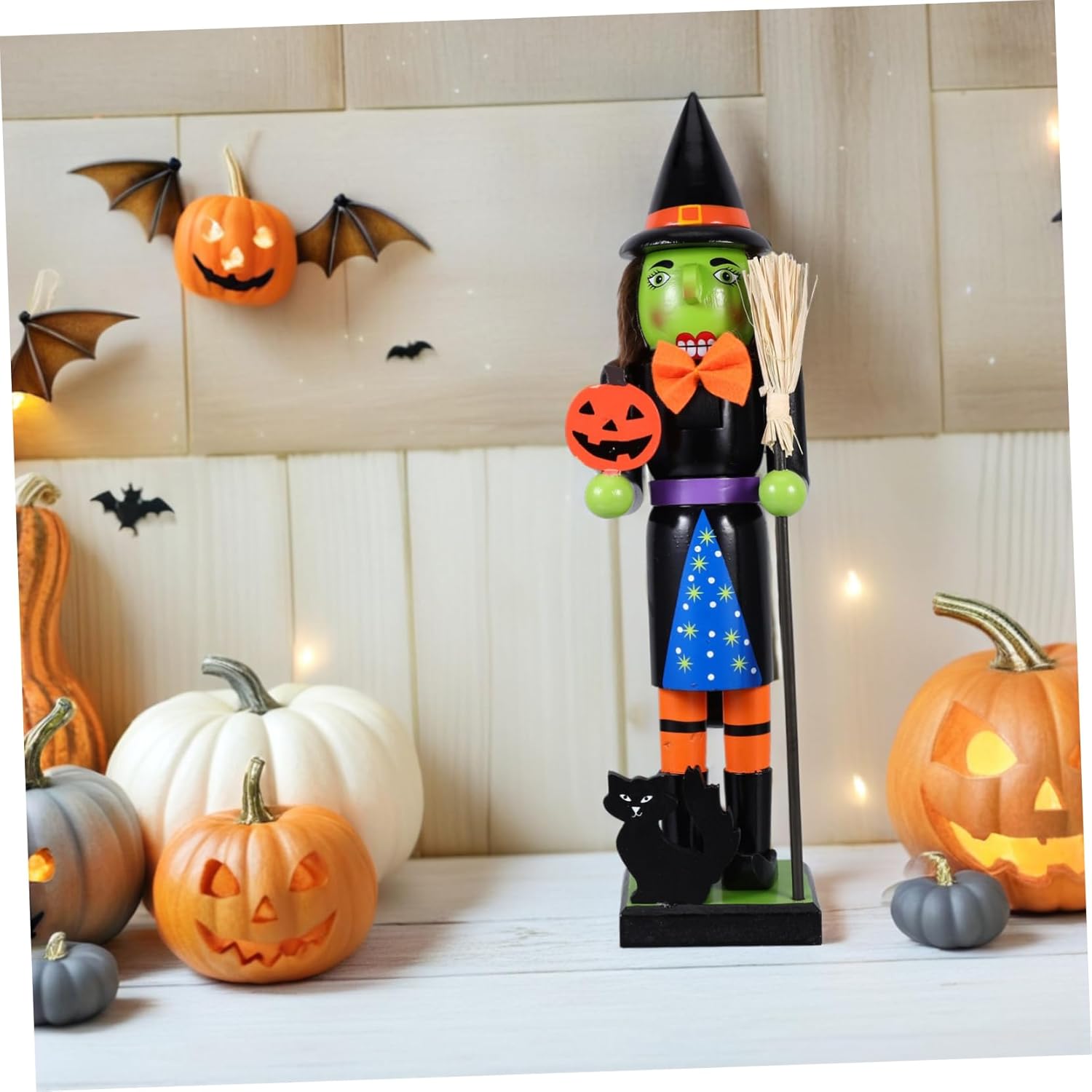 Wooden Nutcracker Soldier Witch Figurine Halloween Decor for Unique Displays Great for Tables Shelves and Goody Bag Fillers