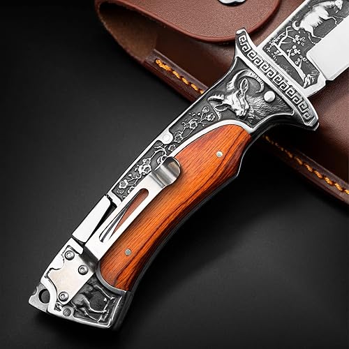Miniatura 3 de NEDFOSS Regalos para hombres cuchillo plegable de bolsillo, hoja única grabada de 8.6 pulgadas, cuchillo de bolsillo con asas de madera con bloqueo