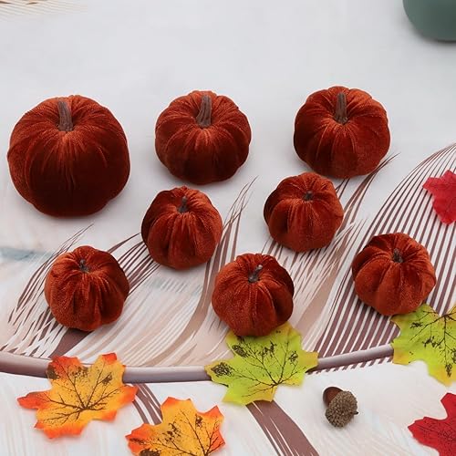 Miniatura 7 de Woration 8 calabazas artificiales de Halloween, decoración de terciopelo de tela falsa, calabaza, varios tamaños, marrón, cosecha de otoño,
