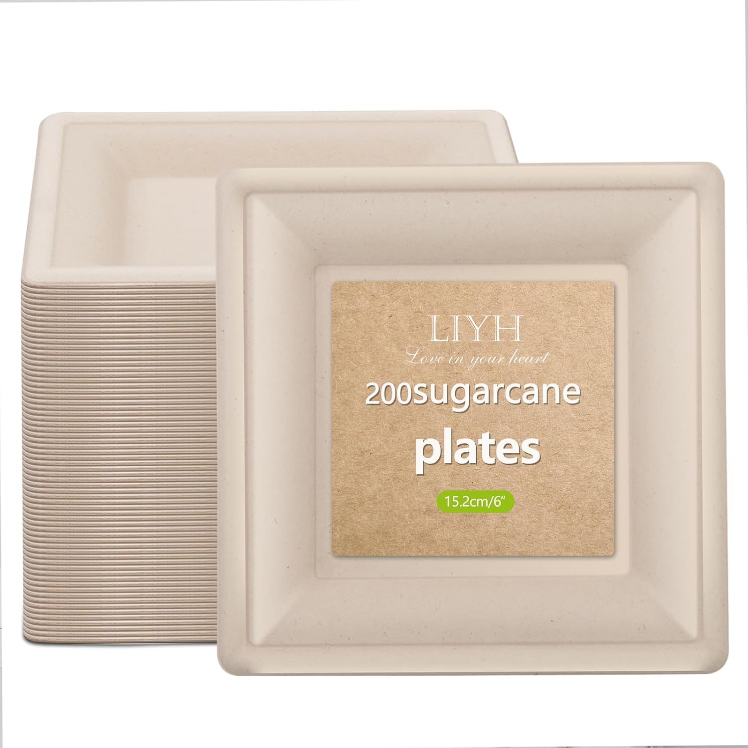 LIYH 200 Pack 6 Inch Compostable Sugarcane Square Small Paper Plates – Biodegradable Dessert & Cocktail Plates Disposable, Made of Sugar Cane Fibers Brown