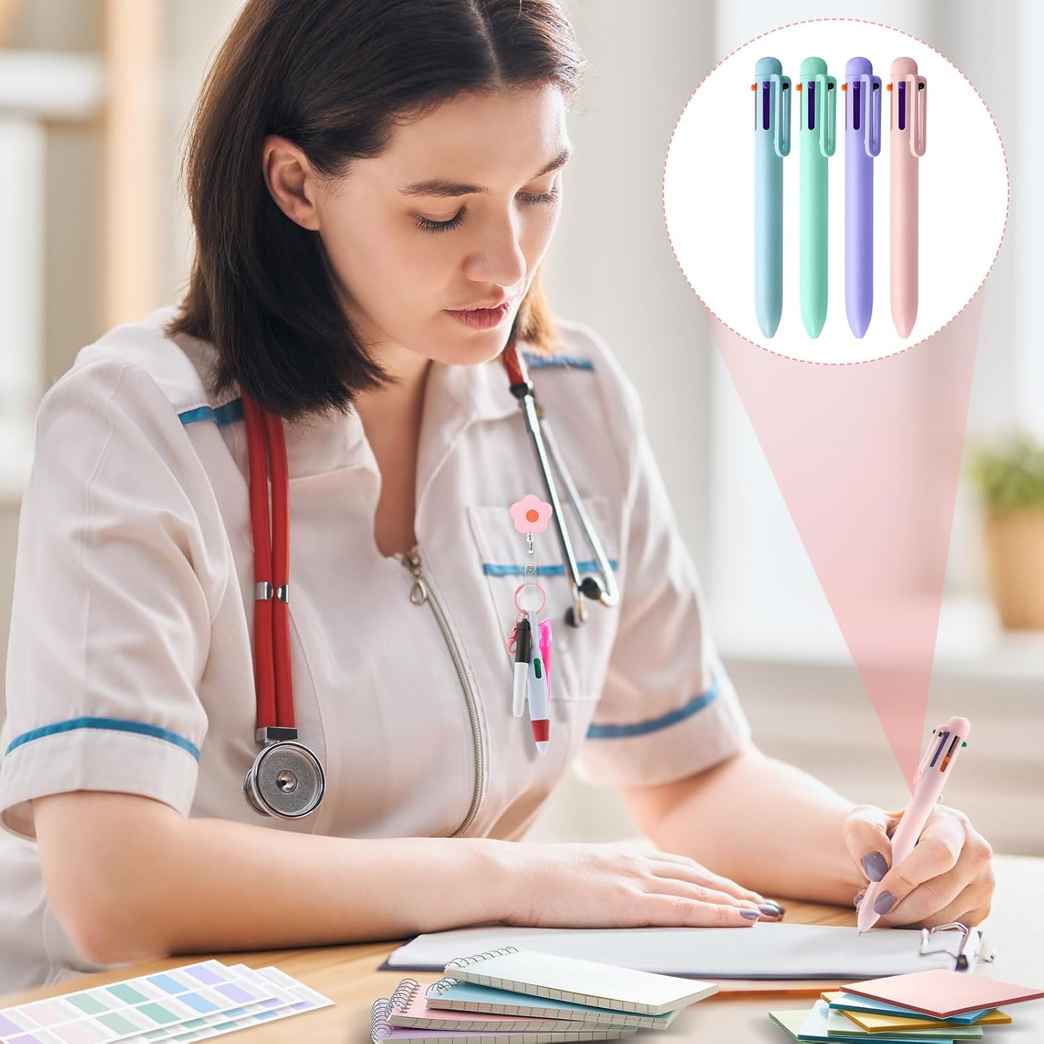 Jutom 50 Pcs Nursing School Cna Essentials for Students Work Aesthetic Stationery Gift Include Medical Scissors Badge Reel Transparent Sticky Notes Pens Notebook Pencil Case Highlighter Label(Pink)