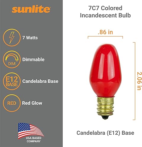 Miniatura 2 de Sunlite 01275 7C7 Bombilla incandescente, 7 vatios, base de candelabro E12, luz nocturna pequeña C7, bombilla de color, rojo, 25 unidades