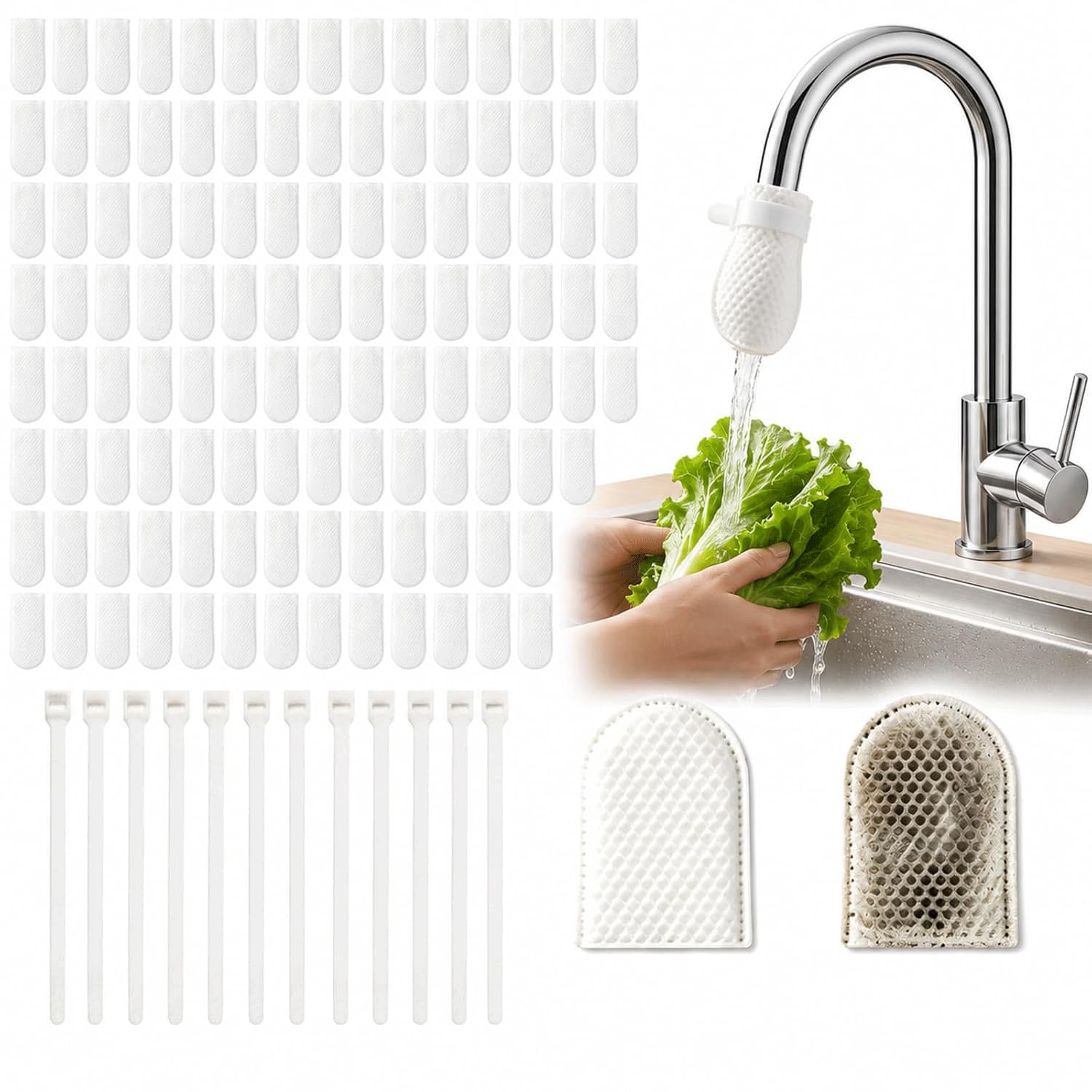 150 PCS Faucet Filter Cotton Bags with 15 Fastening Bands, Multi-Purpose Water Filtration for Kitchen Sink and Bathroom Tap, Silt Sediment for Home Groundwater