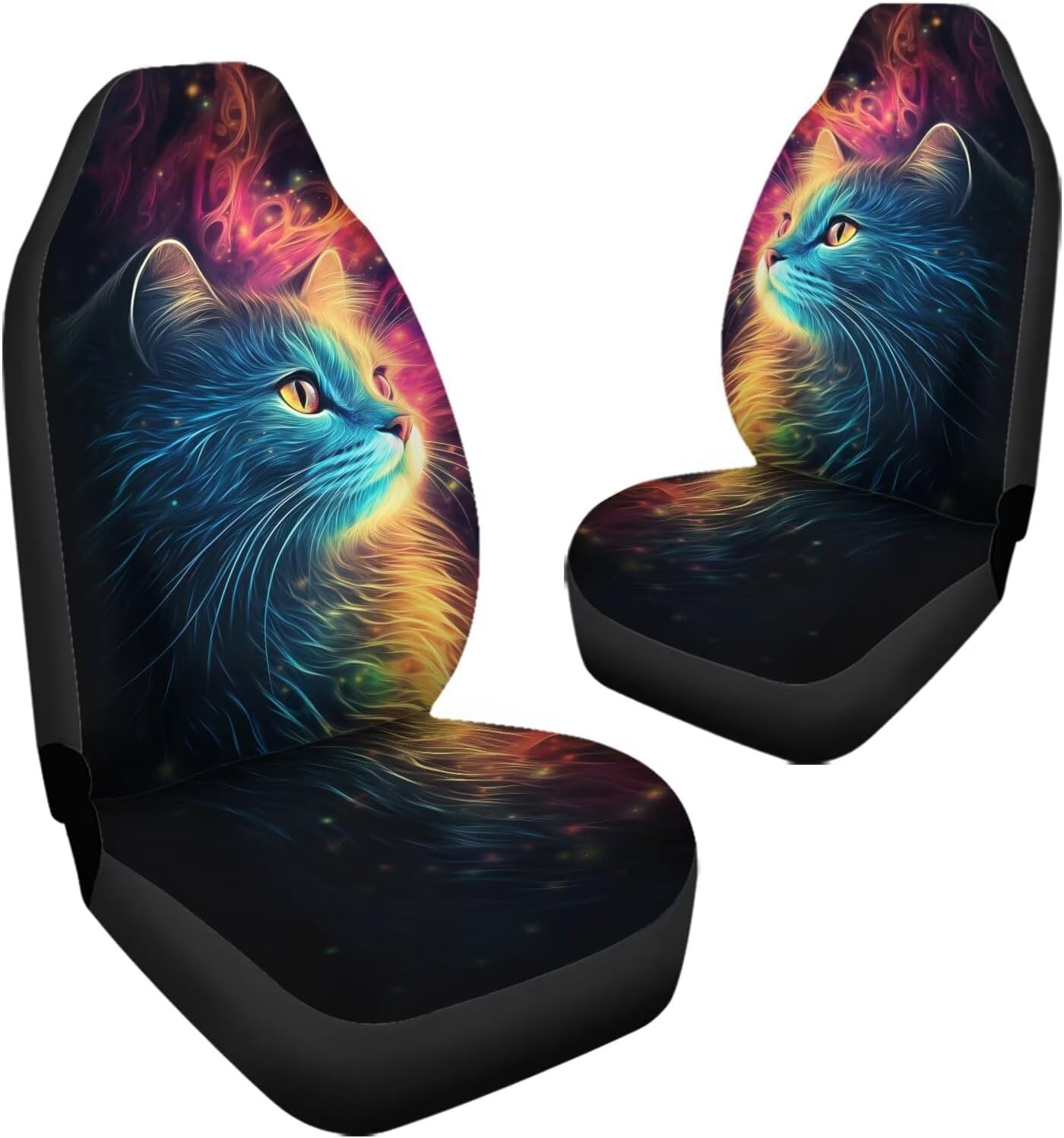 Waterproof Car Seat Covers for Front, 2 Pcs Blue Red Art Cat Print Universal Elastic Vehicle Seats Cushion Automotive Interior Protection Accessories for Women