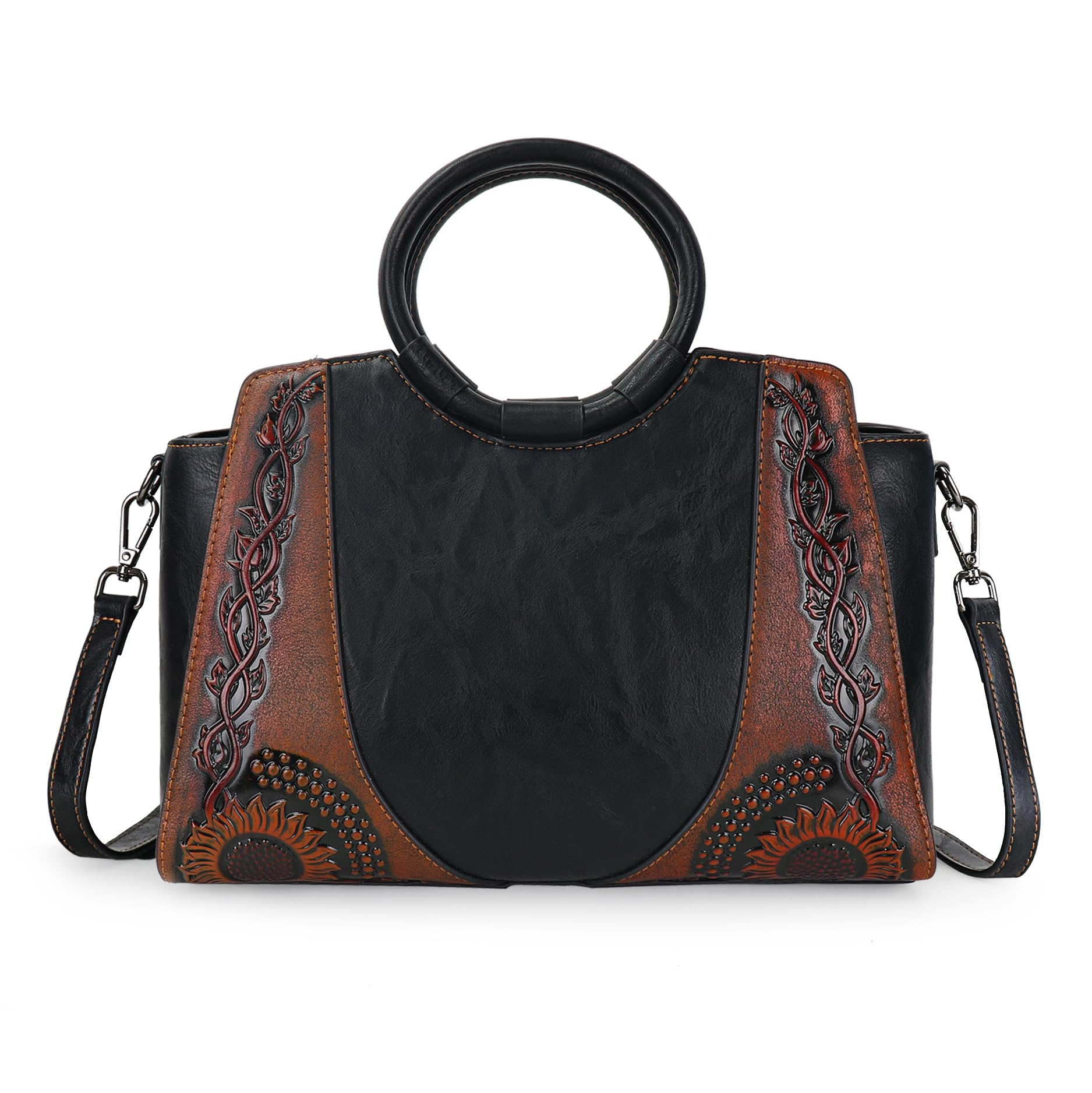 Women's Vintage Leather Satchel Handbag Crossbody Bag Medium Shoulder Tote Purse Top Handle Hobo Fashion Handbag for Everyday, Black