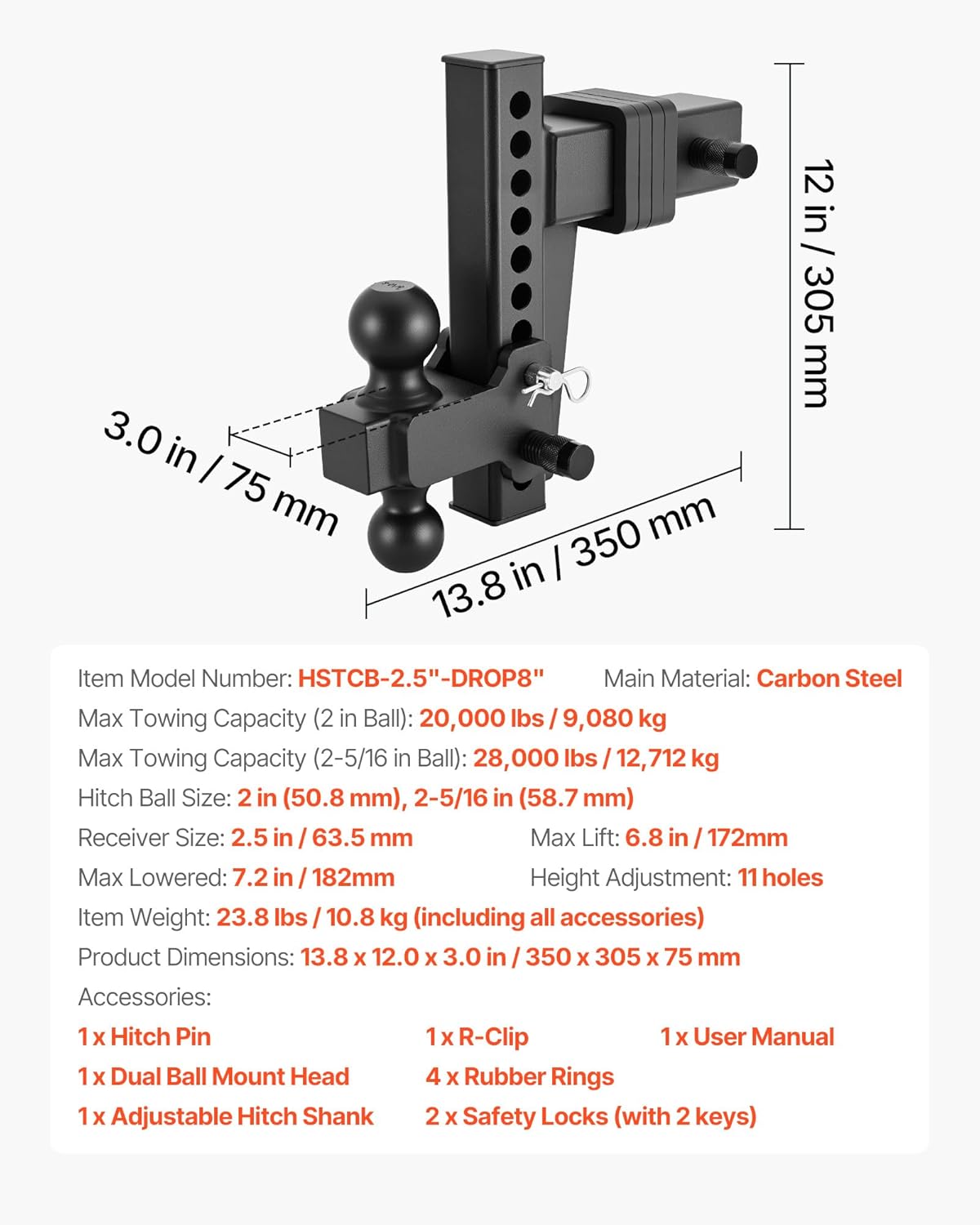 VEVOR Adjustable Trailer Hitch, Fit 2.5 Inch Receiver, Trailer Hitch Mount with 2 Inch & 2-5/16 Inch Balls, 28000 lbs GTW, 8 Inch Drop, Towing Ball Mounts for RVs, Off-Road Vehicles and Trucks, Black