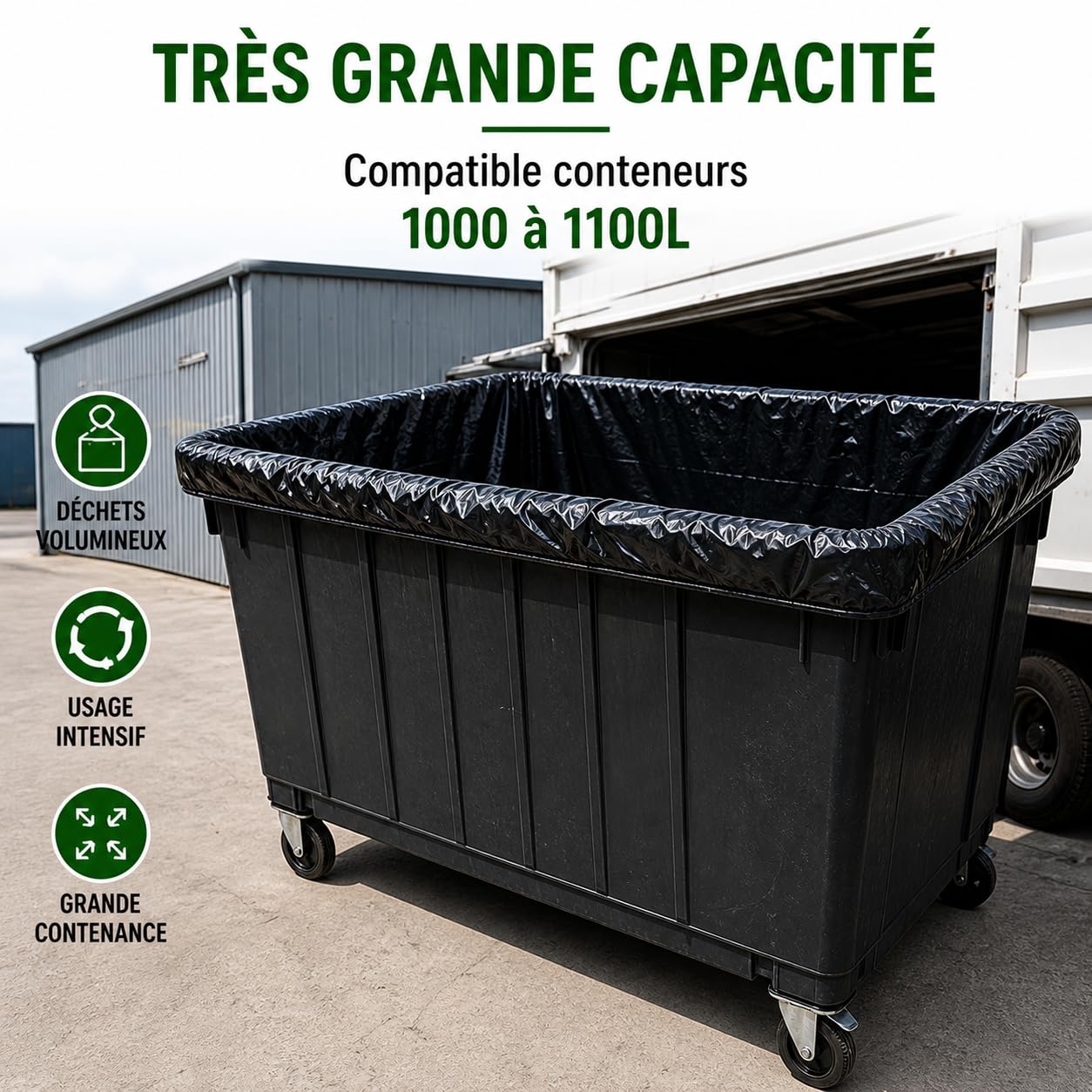 Sac Poubelle 1000-1100L X 20 | Housse Protection Conteneur 1000 Litres | Sacs Housses 1100 Litres Noir Opaque | Tous Types Déchets et Ordures | Epaisseur 30µ | Anti Fuites et Anti Salissures