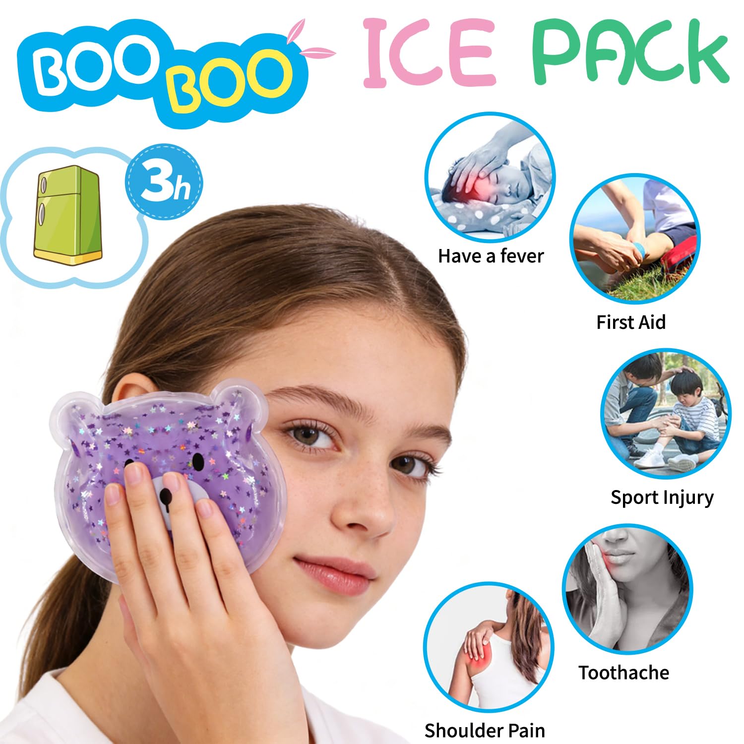 Paquete de hielo Boo Boo, paquete de hielo reutilizable, reducción de fiebre auxiliar, bolsa fría caliente para lesiones, muelas del juicio, cólicos, gases y malestar estomacal, alivio del dolor