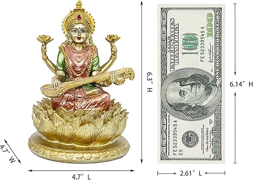 Miniatura 5 de BangBangDa Diosa hindú Señor Saraswati estatua  Ídolo indio de la música sentado en la escultura de loto  Figura de Dios de la India para el hogar,