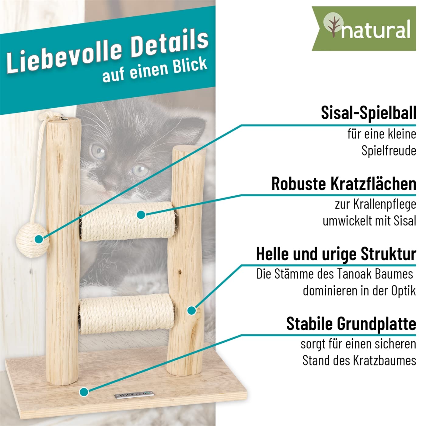 VOSS.PET Tiragraffi per Gatti Morea -scaletta tiragraffi per Gatti, con Tronchi in Vero Legno, 43 cm