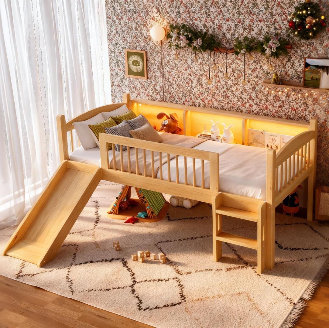 Bellemave Twin Size Kids Low Loft Bed with Storage Shelves and Slide, Twin Wood Low Loft Bed Frame with LED and Guardrails, for Kids,Teens, Space Saving,Easy Assemble (Twin,Natural)