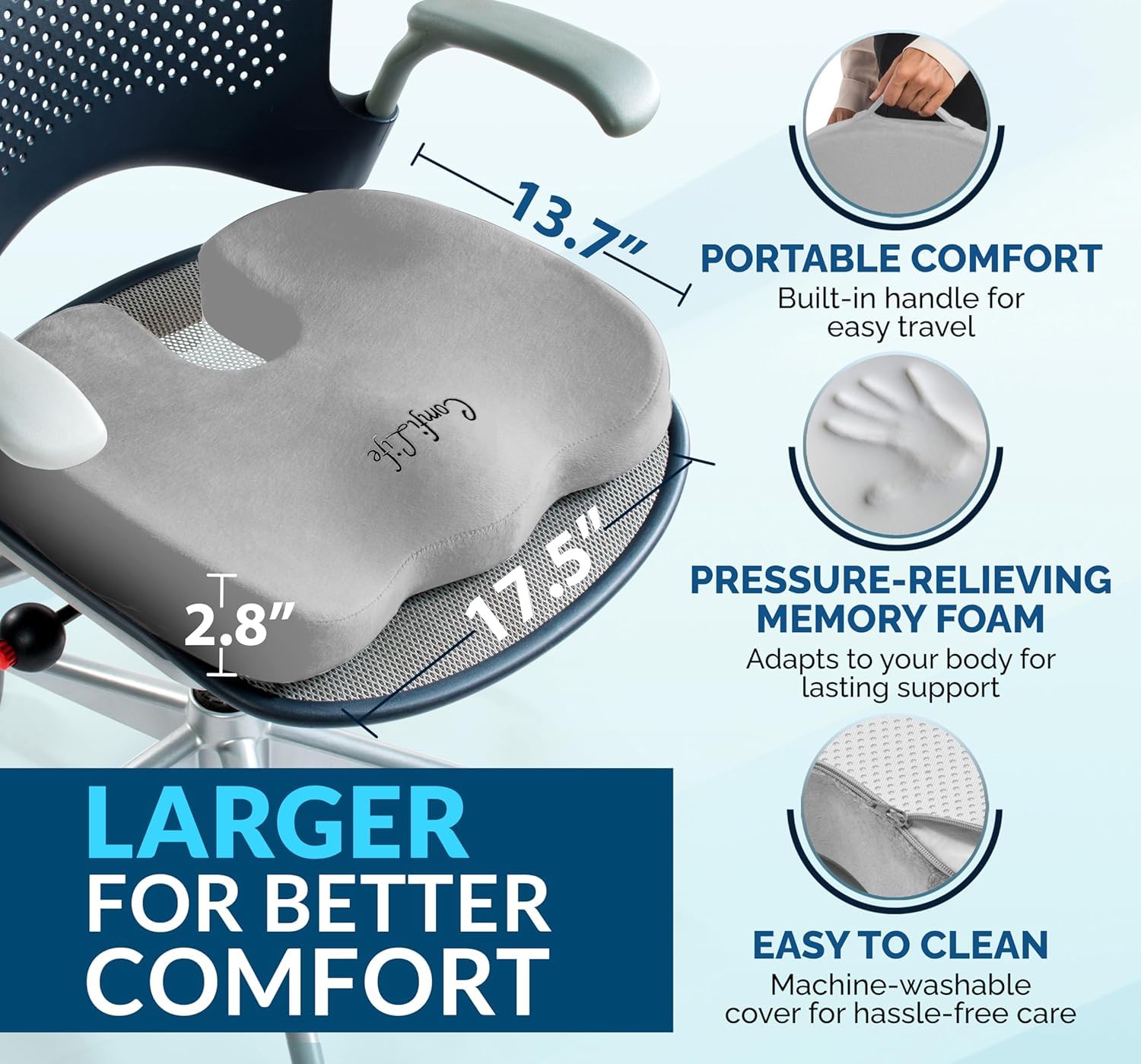 ComfiLife Cuscino antiscivolo in memory foam per coccige, per alleviare il mal di schiena, supporto per coccige, sciatica, postura sana, sedia da ufficio, seggiolino auto, viaggi, guida, sedia a