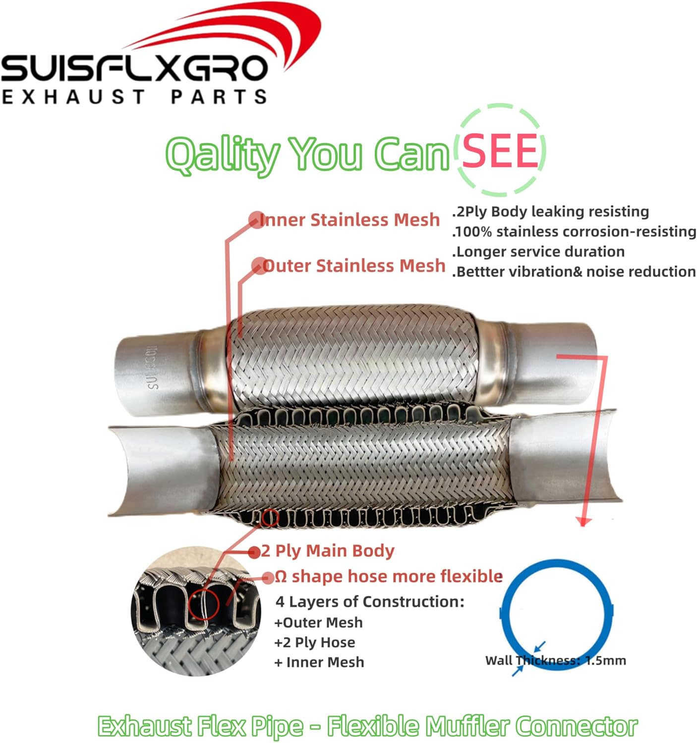 Exhaust Flex Pipe Universal Type 100% Stainless Steel For Heavy Duty and Cars (2 PCS, 2.5X6X10)