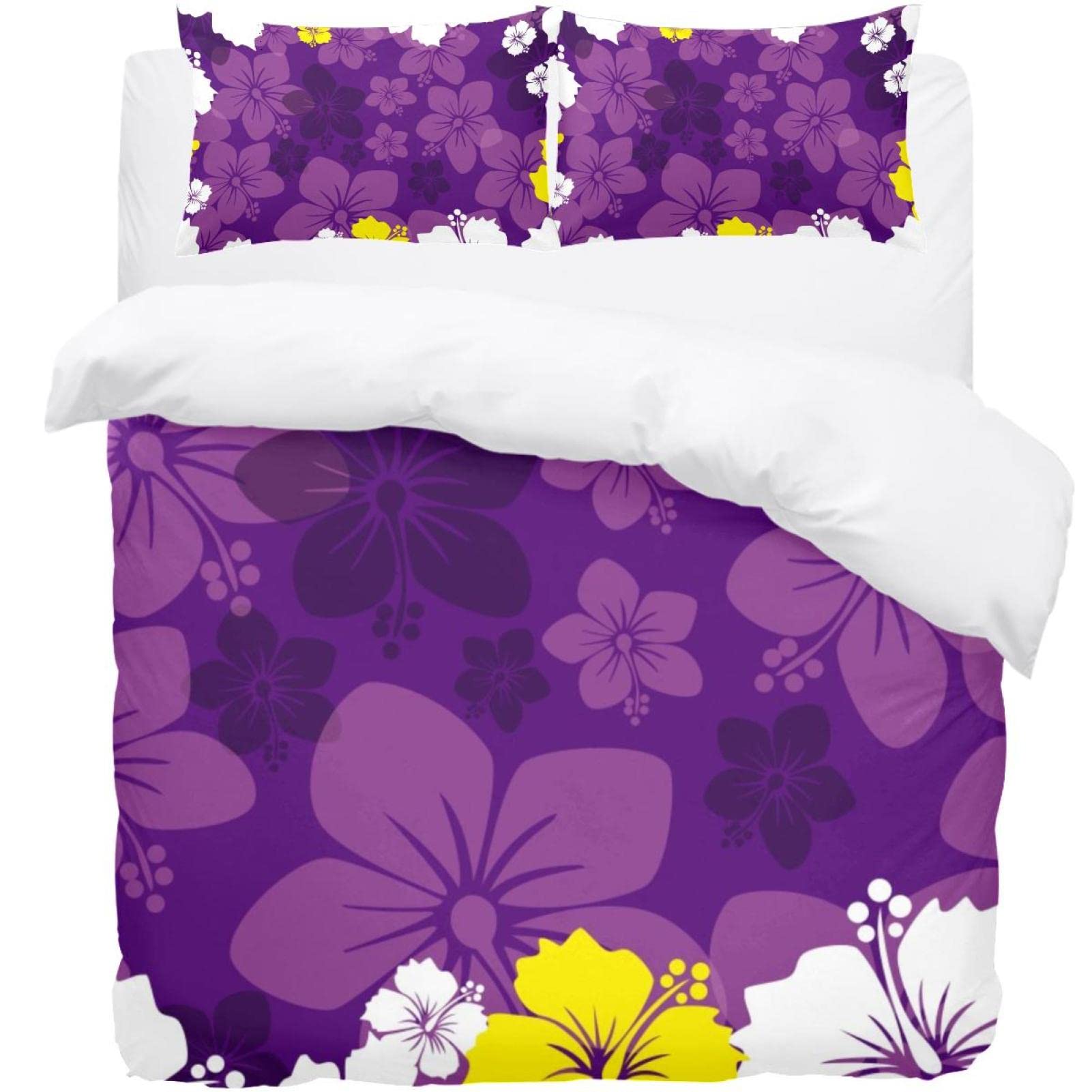 Housse de couette ultra douce et ses 2 taies d'oreiller violettes motif fleurs
