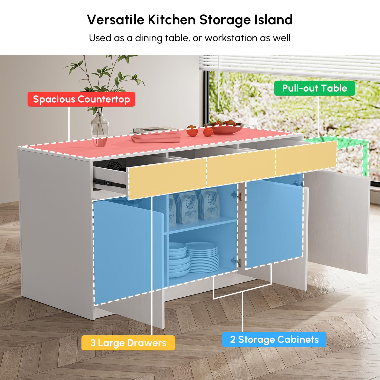 Homary Îlot Central de Cuisine Extensible avec Rangements 205-268 cm, Meuble Îlot Moderne avec 3 Tiroirs, 3 Portes & 2 Étagères, en Bois, Résistant à l'eau, pour Salle à Manger