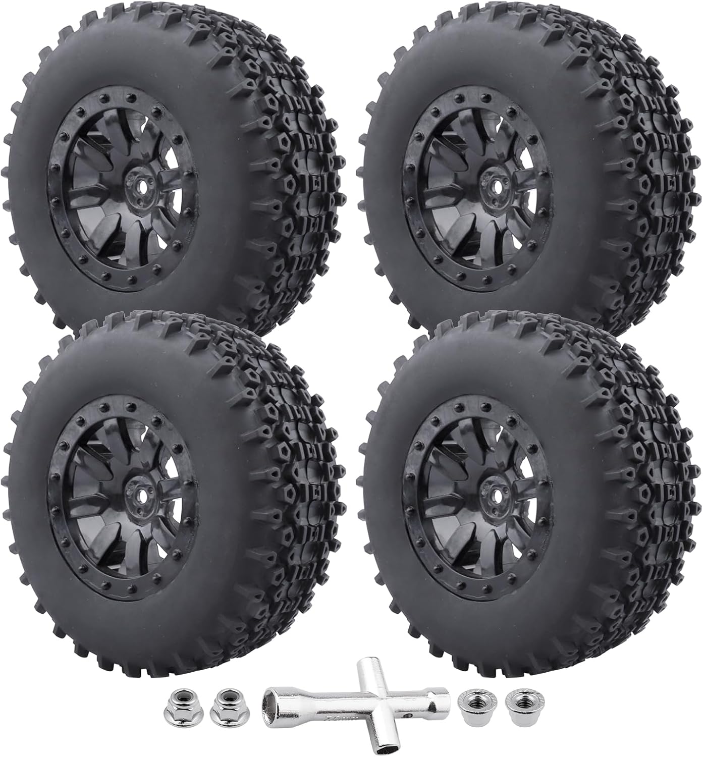 Pre-Glued 1/10 RC Short Course Truck Wheels and Tires Combo 12mm Hex - Compatible with Traxxas Slash 4X4 BL-2S, Losi Tenacity, Redcat Blackout(Set of 4)