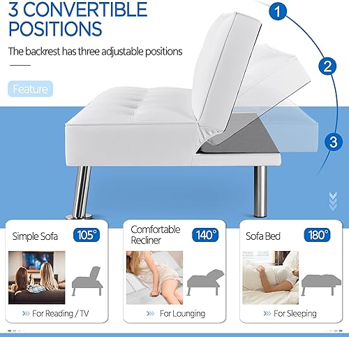 Miniatura 7 de Yaheetech Futón plegable moderno, sofá biplaza de piel sintética negra, futón convertible para sala de estar, color blanco