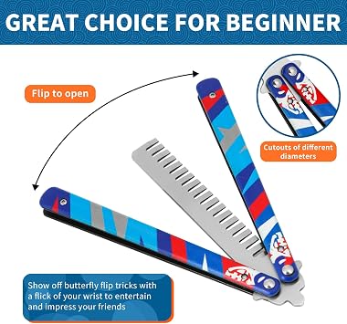 Butterfly Comb, Stainless Steel Folding Practice Combs, 3D Color Printing Tactical Butterfly-Open Pattern Trainer for Sport Outdoor Use (Blue)