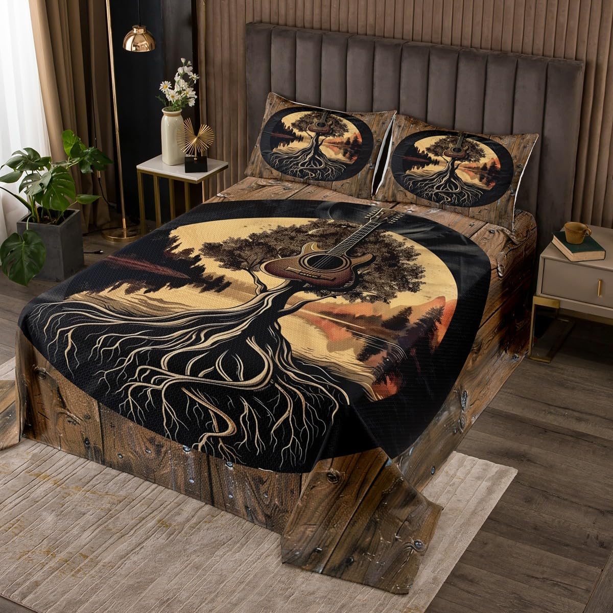 Homewish Vintage Guitar Lake Bedspread Twin Size,Rustic Farmhouse Style Quilt 2Pcs,Tree Branch Nature Scenery Bedding Set for Kids Boys Girls Room Decor,Retro Wooden Print Coverlet Set,1 Pillowcase