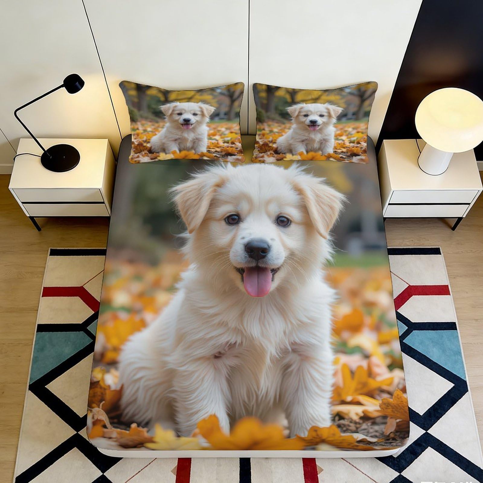 3D Printed Golden Retriever Autumn Leaves Fitted Sheet Microfiber Soft Bed Cover for Bedroom Guestroom Decor 90x200x25cm