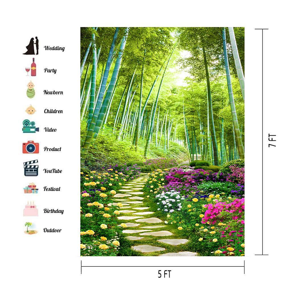 VIDMOT Bamboo Forest Background 5x7ft Spring Flower Garden Background for Portrait Artistic Photo Shooting Natural Park Country Nature Stone Path Backdrop Photography Studio Set Props BJXPVV705
