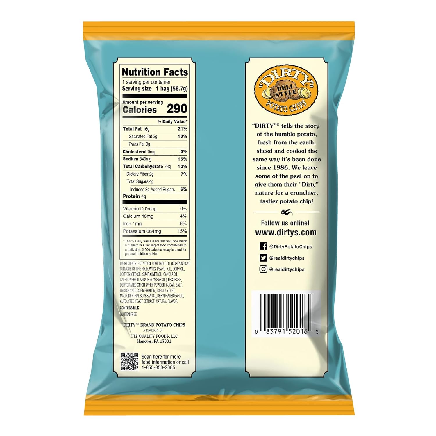 Dirty Kettle Potato Chips, Maui Onion, 2 oz. Bags (25 Count), Gluten Free, Skins On, Crunchy Chips, Great for Lunches or Snacking on the Go