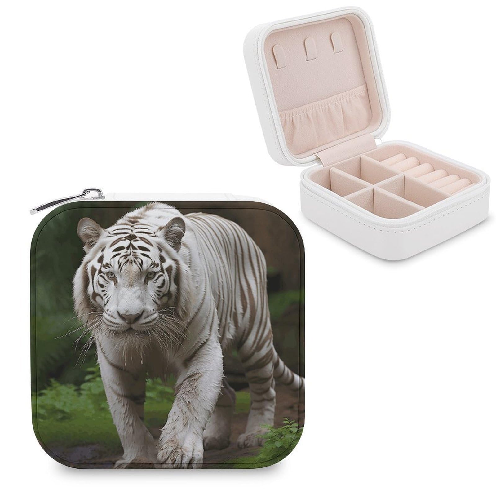 VstaDank Majestic White Bengal Tiger Jewelry Box Exquisite Leather Jewelry Organizer Portable Trinket Organizer Fashion Travel Jewelry Case for Rings Earrings Necklaces Unique Gifts for Women