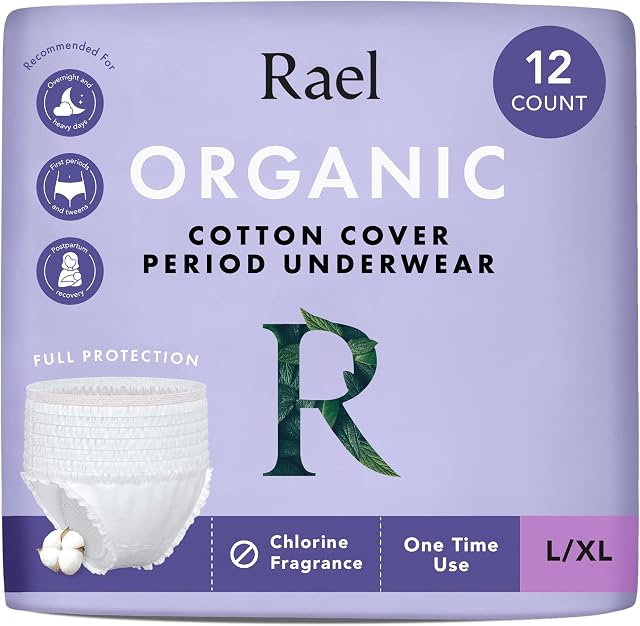 Rael Disposable Period Underwear, Organic Cotton Cover (Size L-XL, 12 Ct) | Leak Locker, Unscented, Extended Coverage for Women, Period Essentials, Postpartum Essentials, Feminine Care