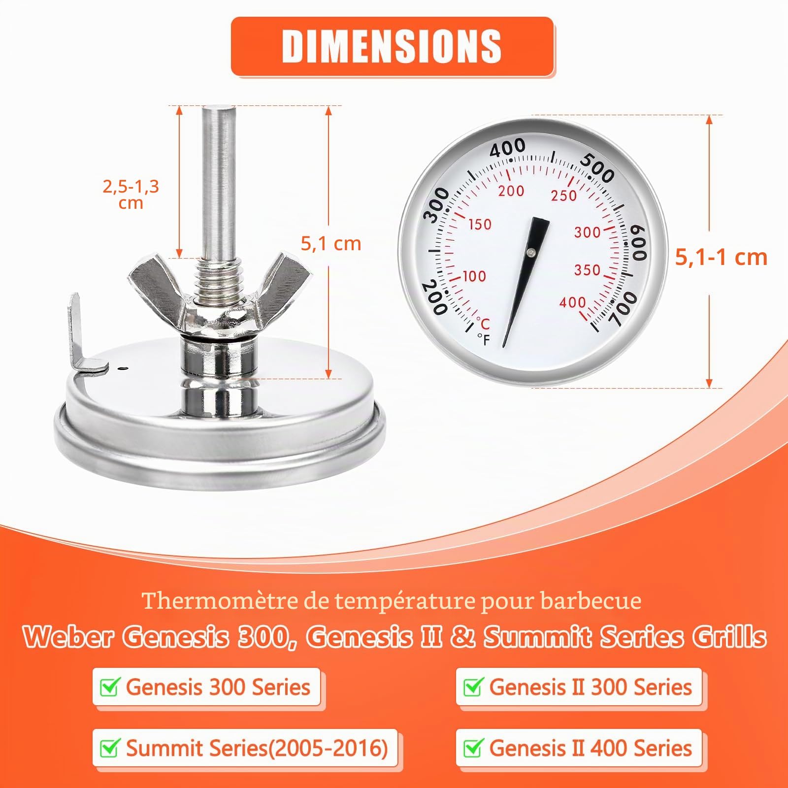 67088/67731 Thermomètre de barbecue – Remplacement pour Weber Genesis 300, Genesis II & Summit Series, Genesis E/S 310 330, diamètre 6 cm