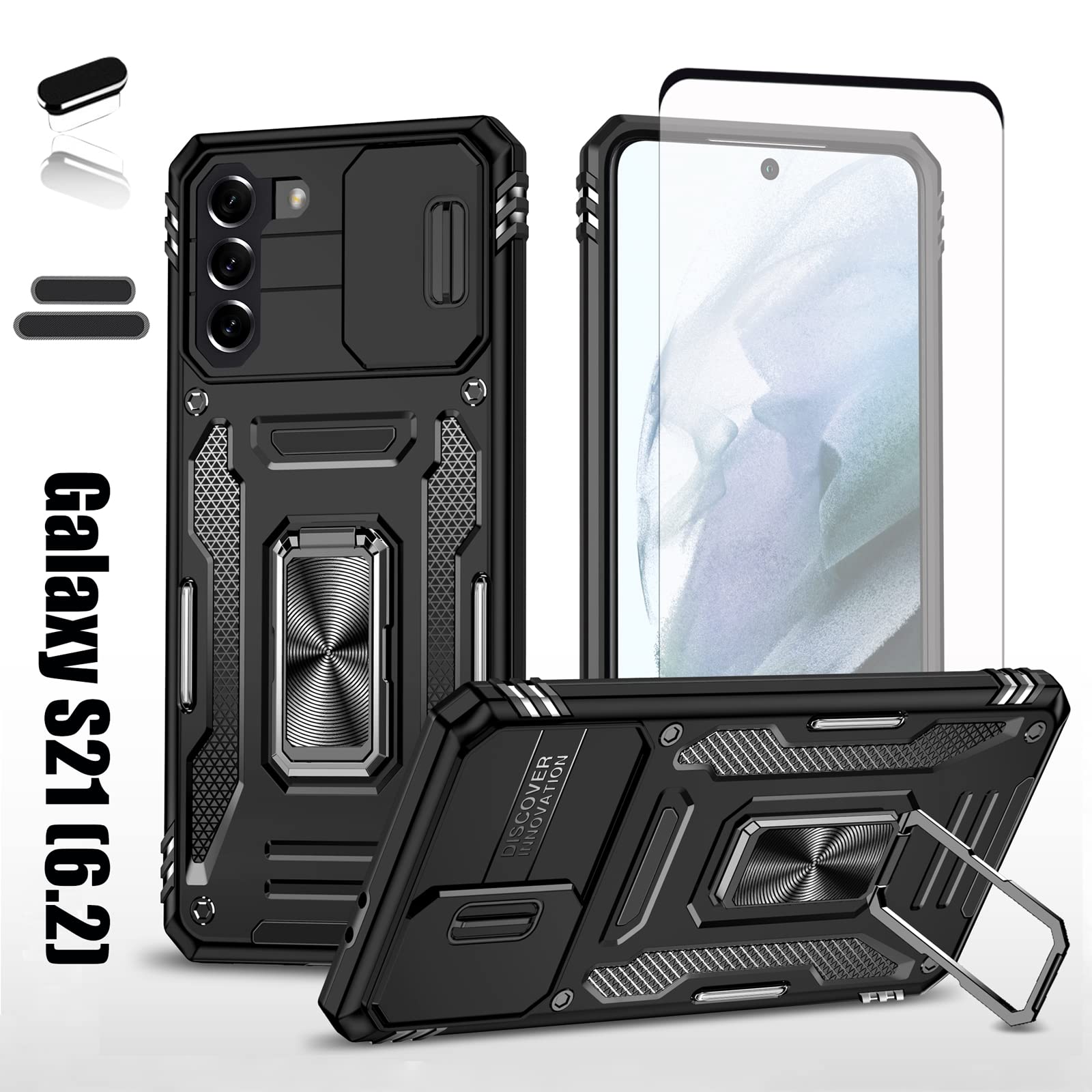LMDAMZ Heavy Duty Case for Samsung Galaxy S21, Military Grade Dual Layer Hybrid Cushioning Rubber Bumper Protector with Slide Camera Protector,