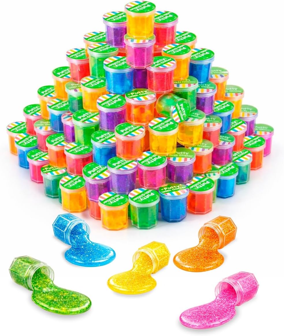 Playbees Mini Putty with Glitter - 96 Pack Neon Color Sludge - Educational Fidget Toy - Stress Relief, Party Favors