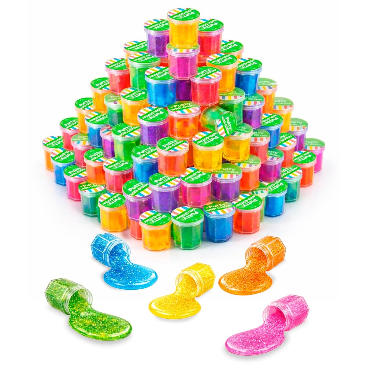 Playbees Mini Putty with Glitter - 96 Pack Neon Color Sludge - Educational Fidget Toy - Stress Relief, Party Favors