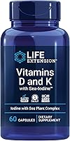 Vista 1 de Life Extension Vitaminas D y K con yodo de mar, soporte de hueso, cerebro, tiroides y arterial, sin OMG, una vez al día, sin gluten, 60 cápsulas