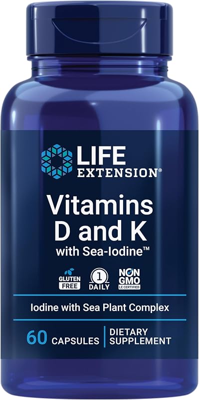 Vitaminas D y K para prolongar la vida con yodo marino para la tiroides, 60 cápsulas