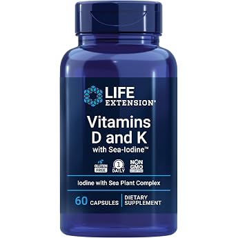 Life Extension, Vitamin D3 and K2, & Iodine, 60 capsules, (Natural Vitamin D3: Cholecalciferol, K2: MK-4 & MK-7), Cholecalcif