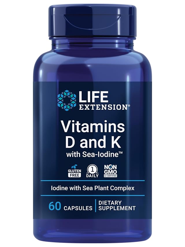 Life Extension Vitamins D and K with SeaIodine Bone Brain Thyroid Arterial Support Non GMO Once Daily Gluten