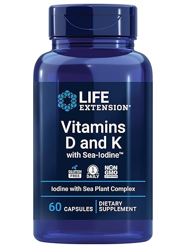 Vitaminas de Extensión de Vida D y K con Yodo Marino, vitamina D3, vitamina K1 y K2, yodo, apoya la salud inmune, ósea, arterial y tiroidea, no-OGM, sin gluten, 60 cápsulas