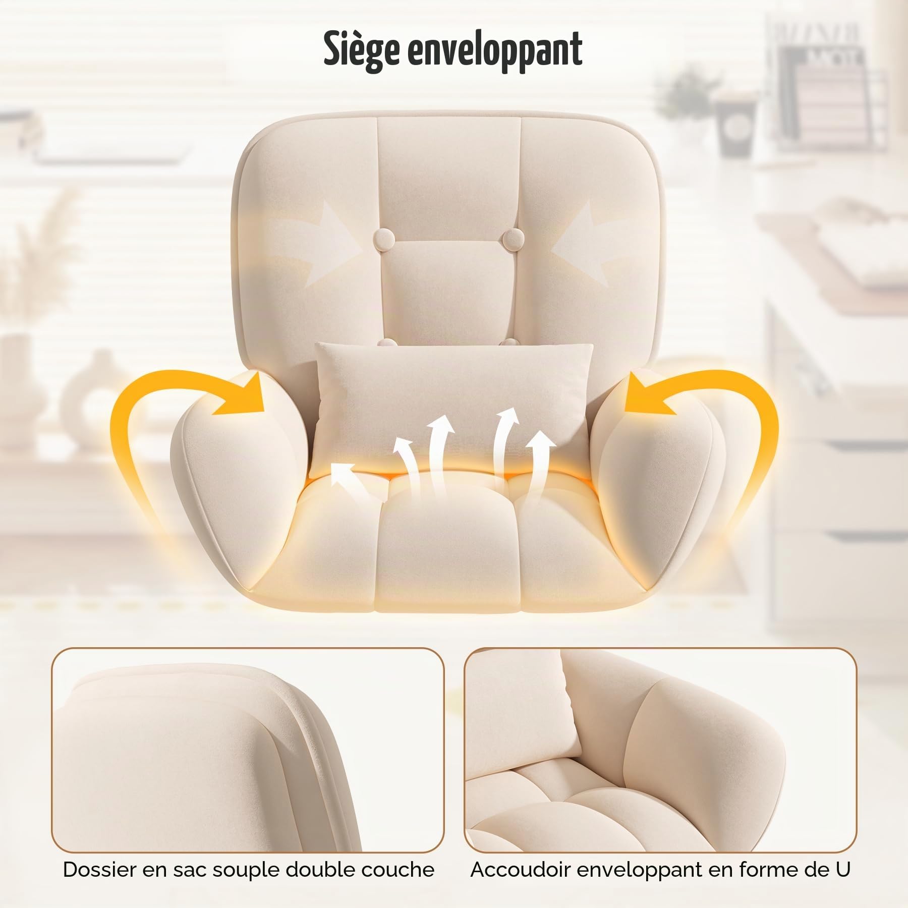 Bureau à Domicile et Chaise de Maquillage 2 en 1 Chaise pivotante Ergonomique en Velours 360° avec Coussin pour la tête, réglable en Hauteur pour Bureau ou Chambre à Coucher Beige