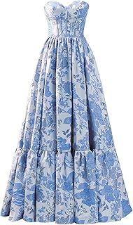 Satin Floral Jacquard Prom Dresses for Women Strapless Corset Long Formal Evening Gowns with Pockets